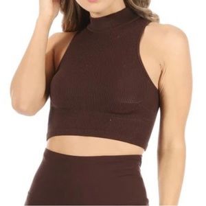 ribbed brown turtle neck sleeveless shirt